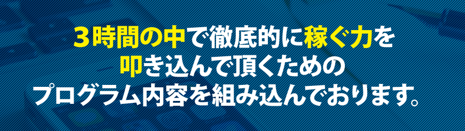 3時間の中で徹底的に稼ぐ力を叩き込んで頂くためのプログラム内容を組み込んでおります。
