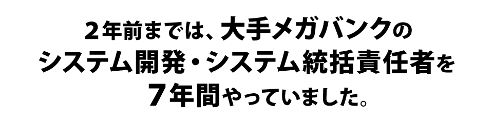 2年前までは、大手メガバンクのシステム開発・システム統括責任者を7年間やっていました。